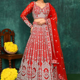 Candy Red Net Embroidered Lehenga Set
