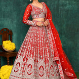 Candy Red Net Embroidered Lehenga Set