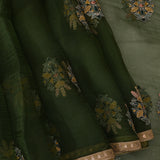 Olive Green Designer Saree With Embroidered Floral Booti & Sequin Border