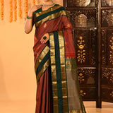 Royal Maroon With Gold Zari Woven Pallu And Forest Green Border Kanjivaram Silk Saree