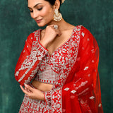 Candy Red Net Embroidered Lehenga Set