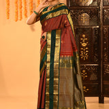 Royal Maroon With Gold Zari Woven Pallu And Forest Green Border Kanjivaram Silk Saree