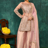 Golden Beige Organza Tissue Embroidered Sharara Set