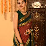 Royal Maroon With Gold Zari Woven Pallu And Forest Green Border Kanjivaram Silk Saree