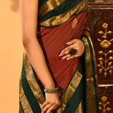 Royal Maroon With Gold Zari Woven Pallu And Forest Green Border Kanjivaram Silk Saree