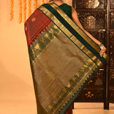 Royal Maroon With Gold Zari Woven Pallu And Forest Green Border Kanjivaram Silk Saree