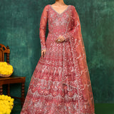 Coral Pink Net Embroidered Traditional Gown