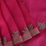 Rani Pink Organza Saree With Gold Embroidered Floral Booti And Ribbon Border