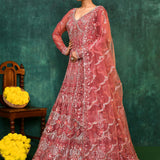 Coral Pink Net Embroidered Traditional Gown