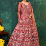 Coral Pink Net Embroidered Traditional Gown
