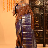 Rust Kanjivaram Silk Saree With Blue Contrast Floral Border