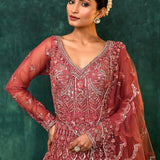 Coral Pink Net Embroidered Traditional Gown