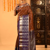 Rust Kanjivaram Silk Saree With Blue Contrast Floral Border
