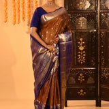 Rust Kanjivaram Silk Saree With Blue Contrast Floral Border