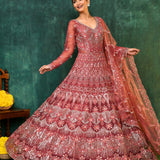 Coral Pink Net Embroidered Traditional Gown