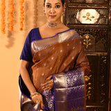 Rust Kanjivaram Silk Saree With Blue Contrast Floral Border