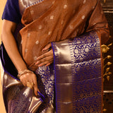 Rust Kanjivaram Silk Saree With Blue Contrast Floral Border