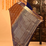 Rust Kanjivaram Silk Saree With Blue Contrast Floral Border
