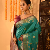 Teal Green With Gold Zari Butti And Bronze Woven Pallu Kanjivaram Silk Saree