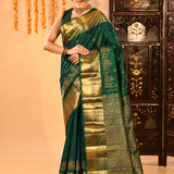 Bottle Green With Gold Zari Temple Elephant Border On Kanjivaram Silk Saree