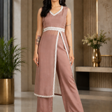 Light Dusky Brown Silk Indo Western With Lace Trim