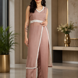 Light Dusky Brown Silk Indo Western With Lace Trim