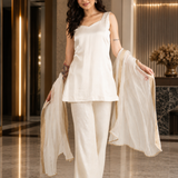 Ivory Silk Kurti With Golden Striped Dupatta