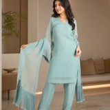 Powder Blue Georgette Kurti With Fringe Dupatta