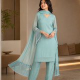 Powder Blue Georgette Kurti With Fringe Dupatta