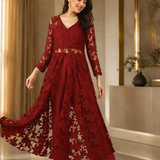 Wine Red Net Kurti With Floral Lace Detailing