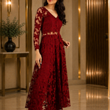 Wine Red Net Kurti With Floral Lace Detailing