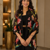Jet Black Floral Georgette Indo Western Set