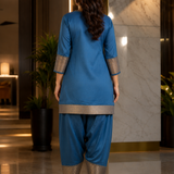 Peacock Blue Organza Kurti With Brocade Border