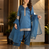 Peacock Blue Organza Kurti With Brocade Border