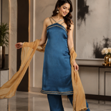 Teal Blue Organza Kurti With Criss-Cross Neckline