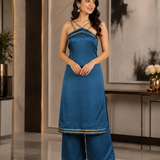 Teal Blue Organza Kurti With Criss-Cross Neckline