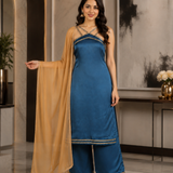 Teal Blue Organza Kurti With Criss-Cross Neckline