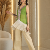 Lime Green Satin Top With Fringe Hem