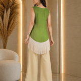 Lime Green Satin Top With Fringe Hem