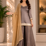 Metallic Light Brown Organza Sharara Set With Golden Border