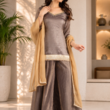 Metallic Light Brown Organza Sharara Set With Golden Border