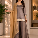 Metallic Light Brown Organza Sharara Set With Golden Border