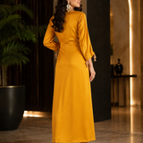 Golden Mustard Chinon Silk Gown With Tassel Cuffs