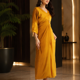 Golden Mustard Chinon Silk Gown With Tassel Cuffs