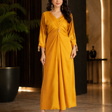Golden Mustard Chinon Silk Gown With Tassel Cuffs