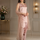 Dusty Brown Silk Set With Pearl-Studded Neckline