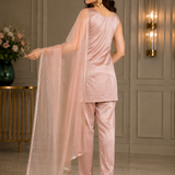 Dusty Brown Silk Set With Pearl-Studded Neckline