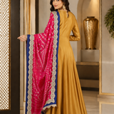 Golden Mustard Silk Anarkali With Bandhani Dupatta