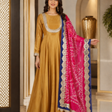 Golden Mustard Silk Anarkali With Bandhani Dupatta