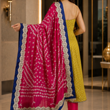 Olive Green Silk Anarkali With Bandhani Dupatta
